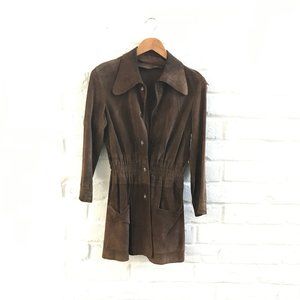 Vintage Jacket Women Small Brown Suede Authentic 60s Coat Mid Length Wide Collar
